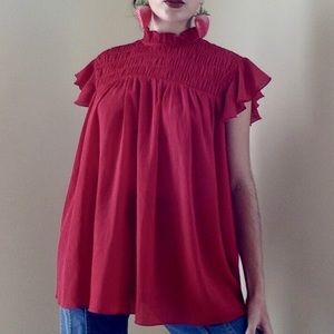 Red Zara Smocked Front Flutter Sleeve Top